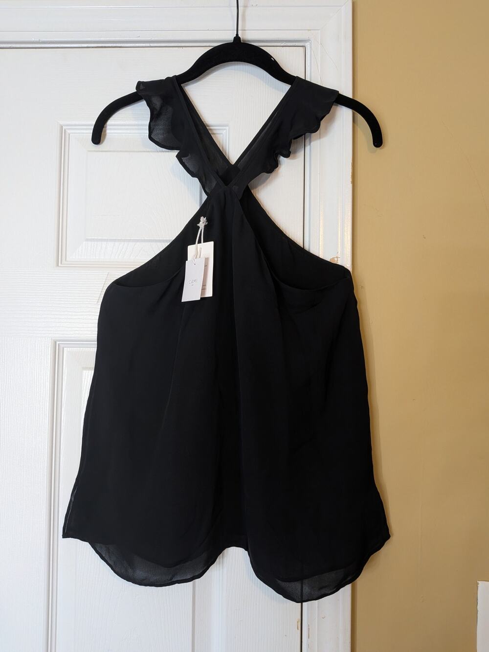 Cami NYC Black Silk Ruffle Cross Back Top Size Medium NWT Quiet Luxury